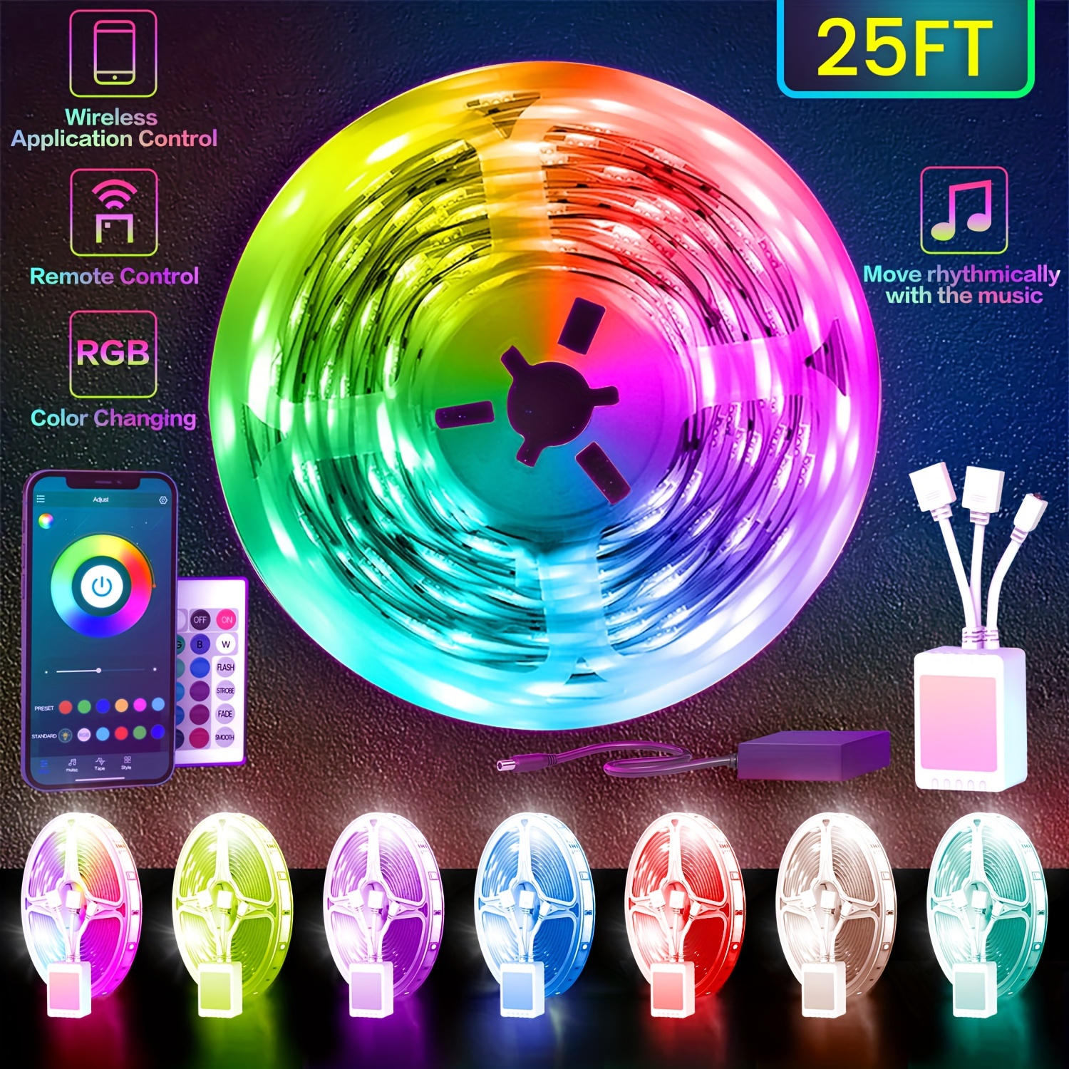 25ft/100ft/130ft Premium RGB LED Smart Strip Light - Color Changing, Music Sync,