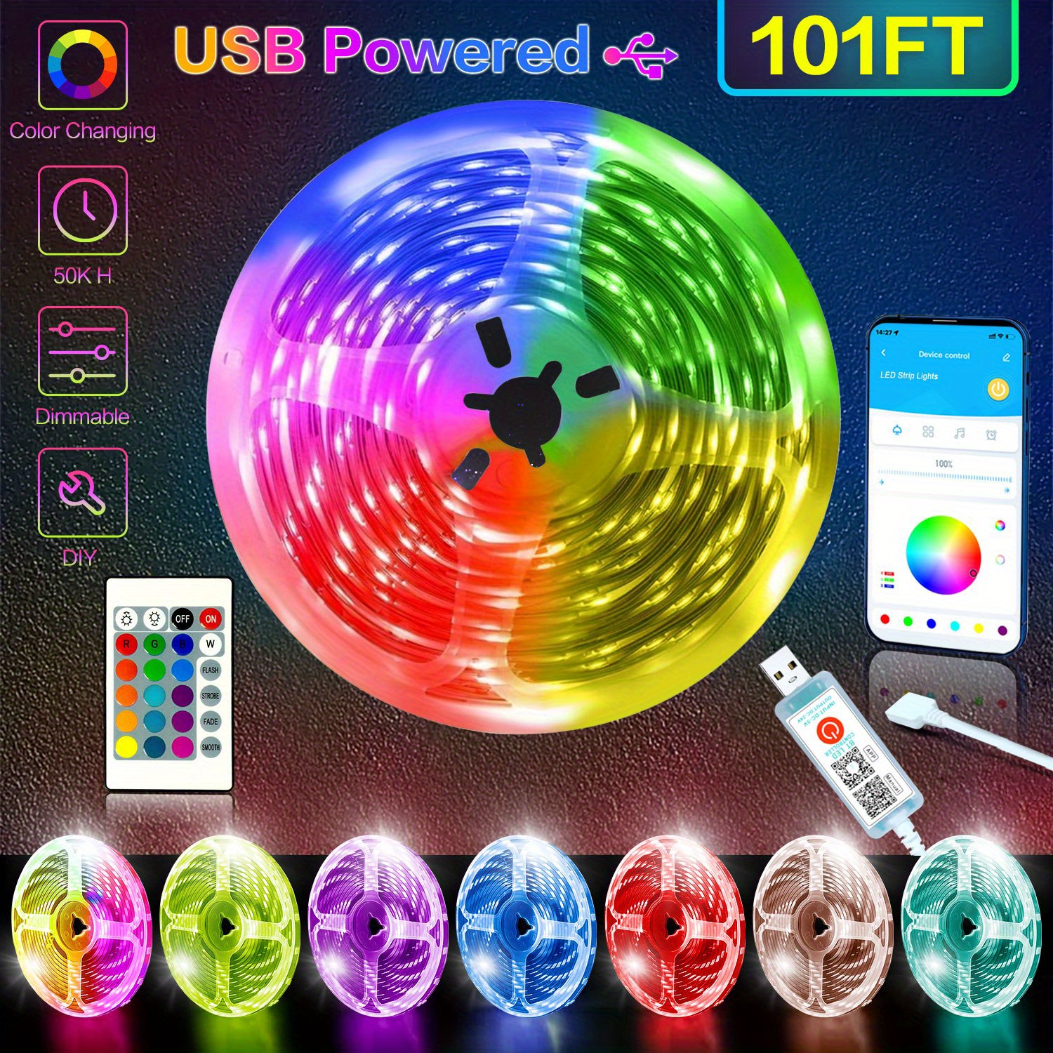 25ft/100ft/130ft Premium RGB LED Smart Strip Light - Color Changing, Music Sync,