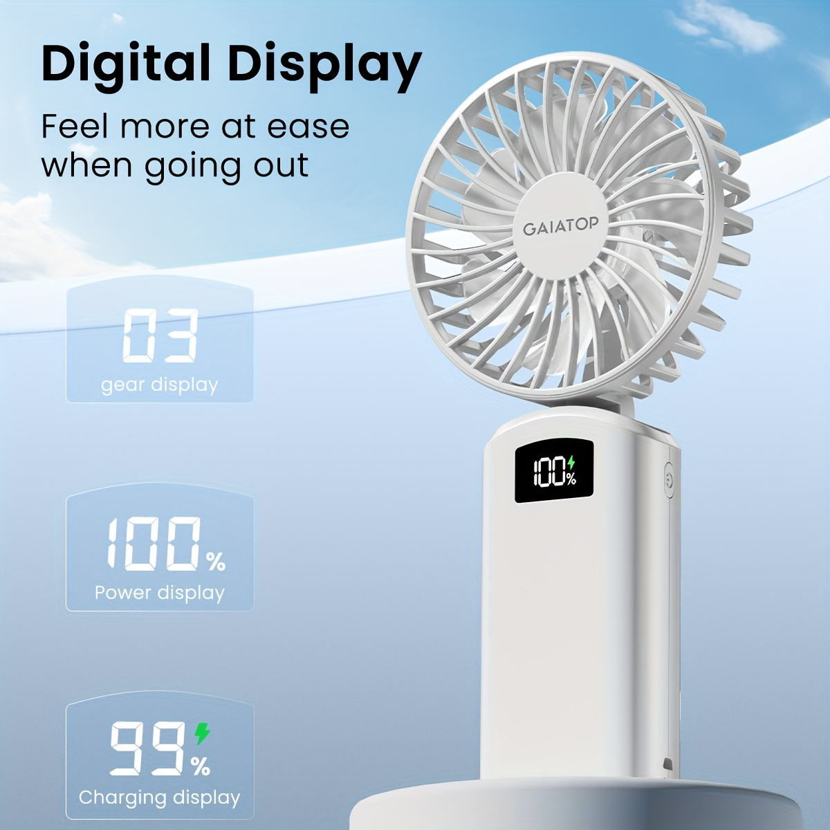 Gaiatop, Portable Handheld Fan, Fan With LED Display, 3-in-1 180° Foldable Mini