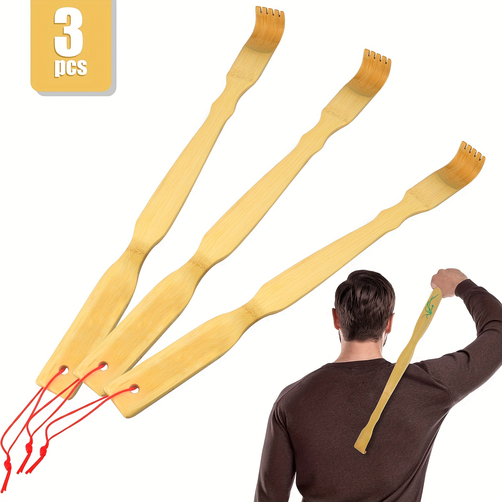 3 Stück 18,3 Zoll langer Griff Rückenkratzer - Ergonomisches Bambus Rückenmassagegerät für R - Bild 7 von 7