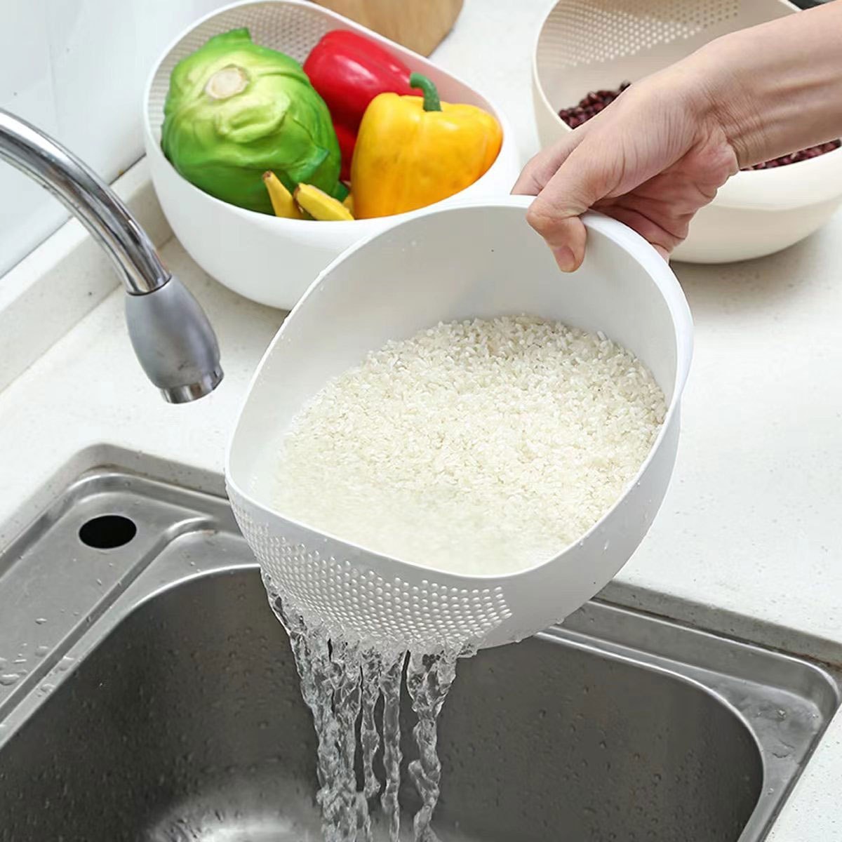 Multipurpose Rice Washing and Straining Bowl, Uncharged PP Material, Kitchen Col