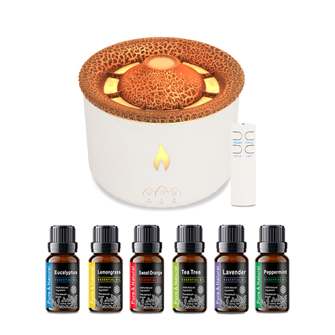 Volcano Aroma Diffuser & Humidifier  2-in-1 Dual Mist Modes, Remote Control & 6 Premium Essential Oils - Auto Shut-Off for Home/Office/Gym