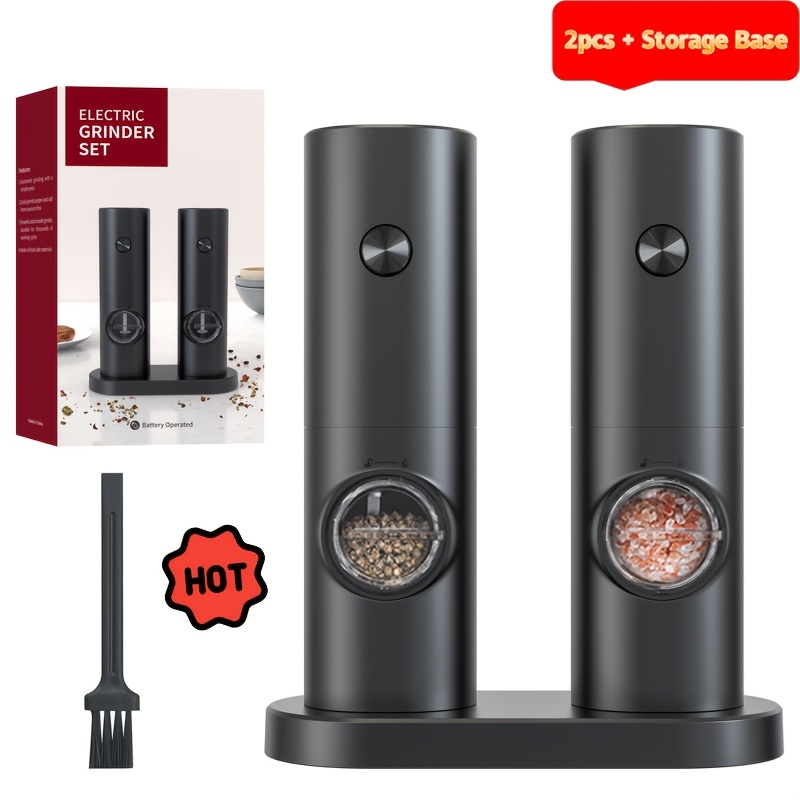 Electric Pepper Grinder and Salt Grinder 2 Pack, Automatic Gravity Spice Mill with Storage Base for Peppercorns and Sea Salt, Black