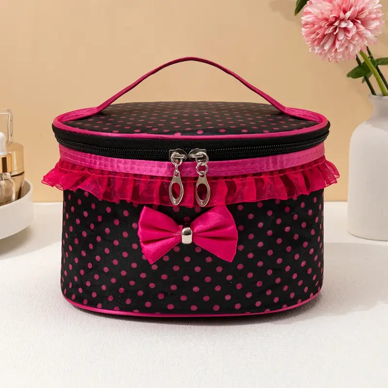 Makeup Bag, Large Capacity Travel Cosmetic Bag, Waterproof Makeup Organizer for Women with Handle, Portable Travel Makeup Organizer Cosmetic Brush Bags with Bow Lace Decorate(Black with Red Dots)