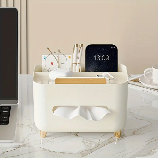 [1 Multifunctional Desk Organizer] 1pc, Multifunctional Desk Organizer, Tissue Box, Remote Control And Miscellaneous Storage Box, Plastic Desktop Tissue Holder