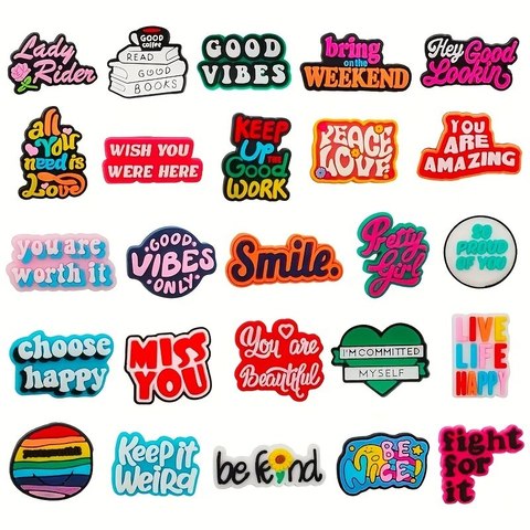 25pcs Encouraging Words Shoe Charms  Clogs Bogg Bag Bubble Slides Sandals, PVC Shoe Decorations Accessories,  Beac