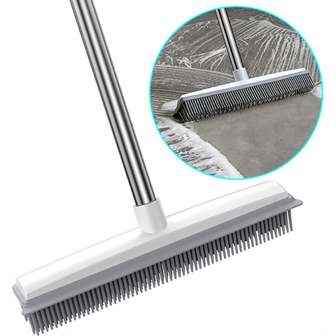 2 in 1 Carpet Brush Rubber Broom with Adjustable Long Handle Outdoor Soft Push Broom  Pet Cat Dog Hair Removal Carpet Kitchen