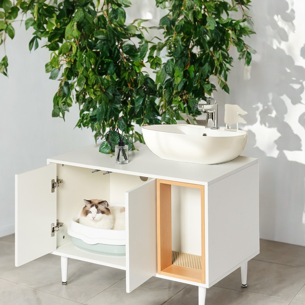bathroom sink cabinet with Cat Litter Box enclosure, Hidden Litter Pet Washroom with Divider, Indoor Cat House for Large Cats, Wooden Cabinet Furniture, White